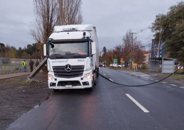 Camión derribó poste de tendido eléctrico en Chillán